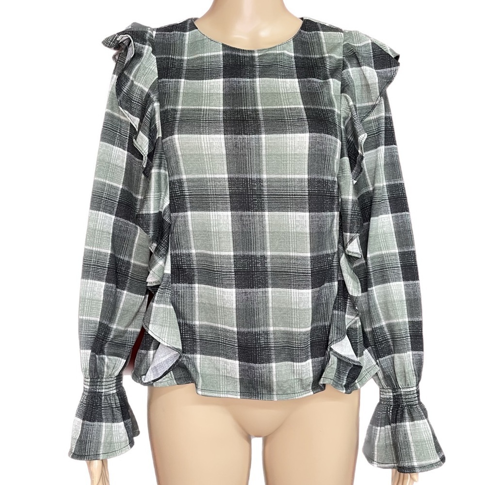 Y2K Rue 21 Plaid Flannel Ruffled Long Sleeve Blouse Size Medium NWT